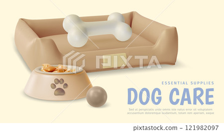 3d Dog Care Essentials Supplies Pet Shop Concept Ads Banner Promotion Poster Card. Vector illustration of Plate Bowl, Bed and Bone 3d Dog Care Essentials Supplies Pet Shop Concept Ads Banner Promotion Poster Card. Vector illustration of Plate Bowl, Bed and Bone 121982097