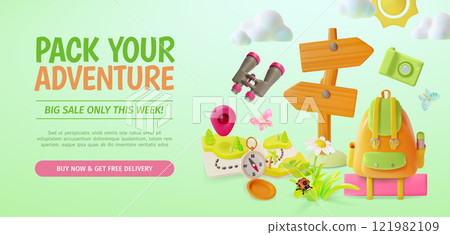 3d Pack Your Adventure Sale Travel and Tourism Concept Ads Banner Poster Card. Vector illustration of Binoculars, Signpost with Wooden Direction and Map 121982109