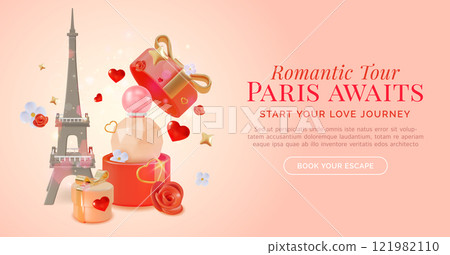 3d Romantic Tour Paris Awaits Travel and Tourism Concept Ads Banner Poster Card. Vector illustration of Tower with Perfume Bottle and Gift Box 121982110