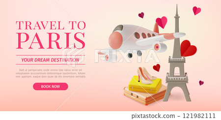3d Travel and Tourism to Paris Concept Ads Banner Poster Card. Vector illustration of Tower with Plane and High Heels 121982111
