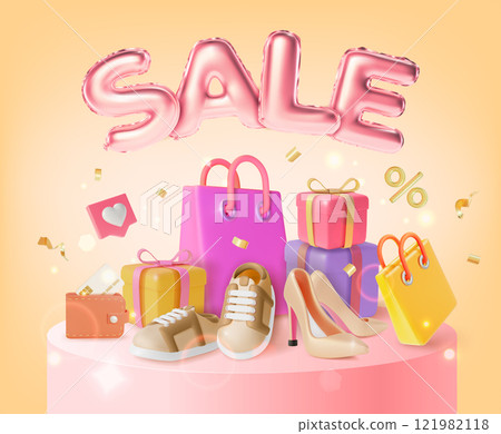 3d Sale Clothing and Shoes Concept Ads Banner Poster Card. Vector illustration of Podium Scene and Paper Bag 121982118