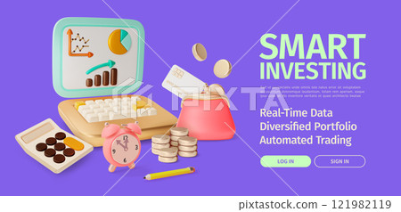 3d Smart Investing Financial and Banking Services Concept Ads Banner Poster Card. Vector illustration of Laptop with Calculator and Purse Wallet 121982119