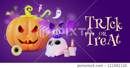3d Happy Halloween Trick or Treat Concept Banner Poster Card Template . Vector illustration of Pumpkin with Cut Scary Smile and Eyeball Candy 121982126