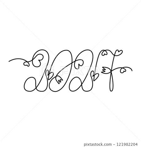 2027 Hand drawn lettering with decorative hearts and flowers. One continuous line New Year greeting 121982204