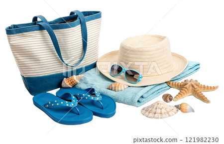 Beach bag, hat, sunglasses, flip flops, towel, and seashells Beach bag, hat, sunglasses, flip flops, towel, and seashells 121982230