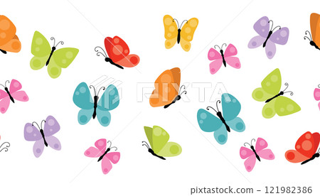 Cute colorful spring or summer butterflies seamless border isolated on white background. Summer flying insects design element. Cute colorful spring or summer butterflies seamless border isolated on white background. Summer flying insects design element. 121982386