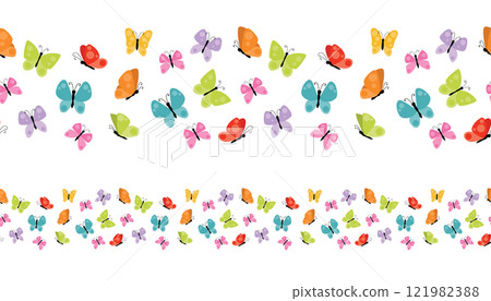 Cute colorful spring or summer butterflies seamless border isolated on white background. Summer flying insects design element. 121982388