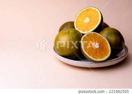 Navel Chocolate oranges, botanically classified as Citrus sinensis. 121982505