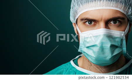 Medical Professional. Close-up of a determined healthcare worker in surgical attire Medical Professional. Close-up of a determined healthcare worker in surgical attire 121982534