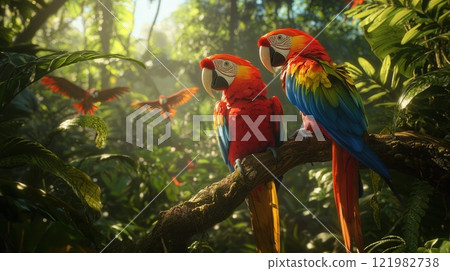 Vibrant Parrots Perched on Jungle Branch Amidst Colorful Rainforest with Tropical Birds and Lush Foliage Vibrant Parrots Perched on Jungle Branch Amidst Colorful Rainforest with Tropical Birds and Lush Foliage 121982738