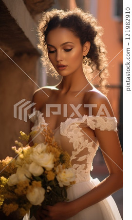 A stunning bride elegantly displays her intricate gown and stylish bouquet in a charming vintage setting 121982910
