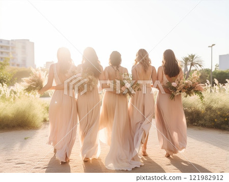 A group of bridesmaids in beautiful gowns are smiling and posing together at a formal event. They are showcasing their formal wear. Guests at a traditional wedding ceremony 121982912