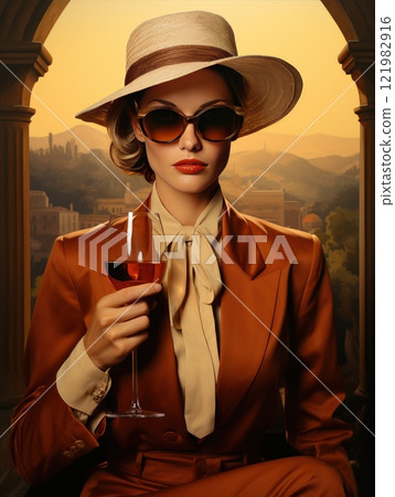 An elegant woman in a cream suit and chic hat enjoys a drink while relaxing in a stylish bar atmosphere An elegant woman in a cream suit and chic hat enjoys a drink while relaxing in a stylish bar atmosphere 121982916