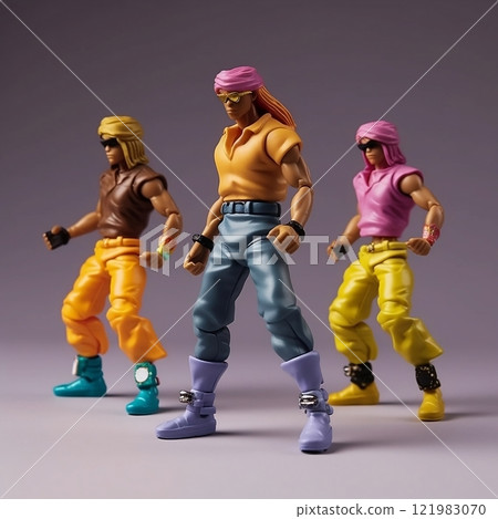 Plastic action figure toy dancing, team cyberpunk Urban collectible characters. Box with toys figures. 121983070