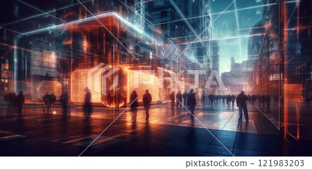 Quantum City. Business walking in the Skyscrapers. Hologram Concept Quantum City. Business walking in the Skyscrapers. Hologram Concept 121983203