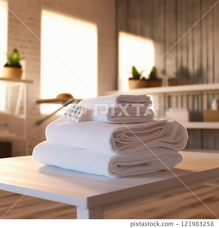 White rolled towels on wooden countertop spa beauty body care hygiene procedure at bathroom. Blurred background 121983258