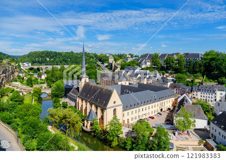 A beautiful aerial view of the old town and abbey in Luxembourg City, Luxembourg A beautiful aerial view of the old town and abbey in Luxembourg City, Luxembourg 121983383