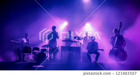Jazz Band silhouette unrecognizable on stage. Violet background, smoke, concert spotlights Jazz Band silhouette unrecognizable on stage. Violet background, smoke, concert spotlights 121983507