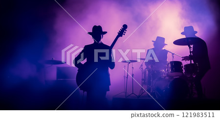 Jazz Band silhouette unrecognizable on stage. Violet background, smoke, concert spotlights 121983511