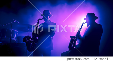 Jazz Band silhouette unrecognizable on stage. Violet background, smoke, concert spotlights 121983512