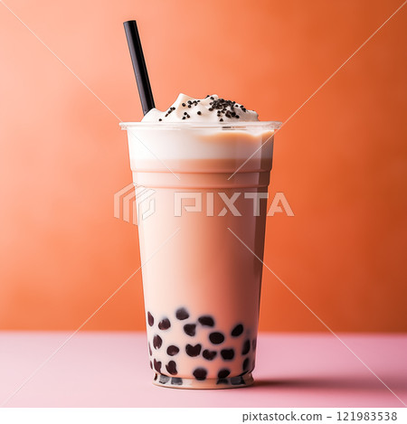 Trendy thai milk tea with bubble brown sugar on the pink background with copy space 121983538