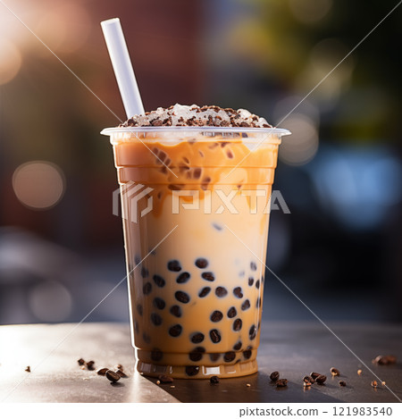 Trendy thai milk tea with bubble brown sugar on the bokeh background with copy space 121983540