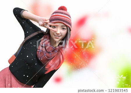 A female traveler making a peace sign with her face A female traveler making a peace sign with her face 121983545