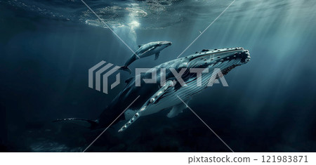 Humpback whale calf playing gracefully on the surface of the ocean Humpback whale calf playing gracefully on the surface of the ocean 121983871