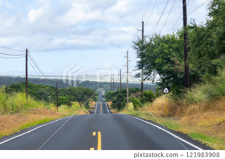 Asphalt highway with yellow line in tropical pacific forest. Asphalt highway with yellow line in tropical pacific forest. 121983908