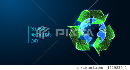 Global Recycling Day concept web banner with glowing Earth and green recycling symbol on dark blue  121983941