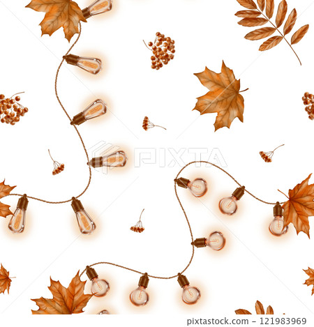 Vintage retro round glowing bulbs garlands,fall leaves and berries of mountain ash,maple in autumn seamless pattern makes a mood of festivity and celebration.Pattern on a transparent background 121983969