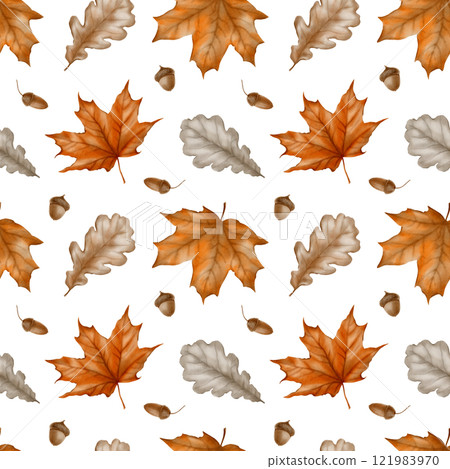 Seamless pattern autumn maple leaves,acorns,oak leaves as a symbol of the withering of nature, the herbarium.Watercolor hand-drawn pattern on transparent background Seamless pattern autumn maple leaves,acorns,oak leaves as a symbol of the withering of nature, the herbarium.Watercolor hand-drawn pattern on transparent background 121983970