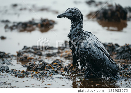 Seabird covered in oil products from oil spill following oil tanker accident 121983973