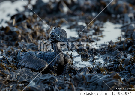 Seabird covered in oil products from oil spill following oil tanker accident 121983974