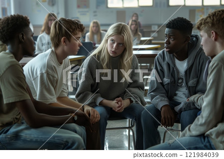 Teenagers engaged in group discussion in classroom setting for educational purposes 121984039