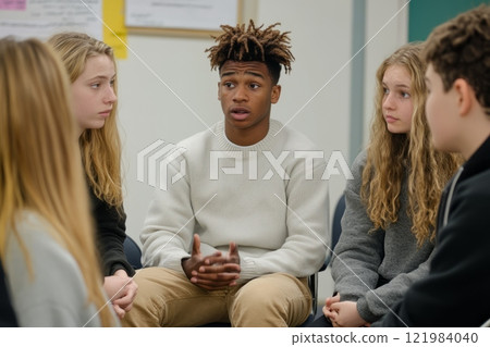 Group discussion among teenagers in classroom setting 121984040