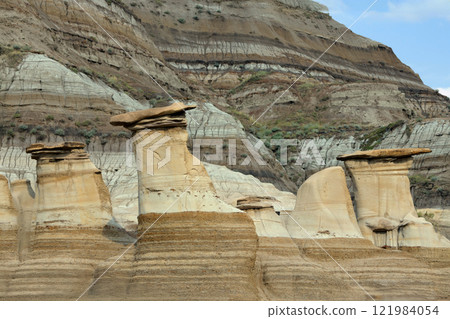 Sandstone hoodoos created by erosion in scenic badlands in summer. 121984054