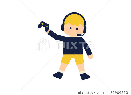 Flat illustration of a boy holding a game controller (vector character material, deformed, simple) 121984210