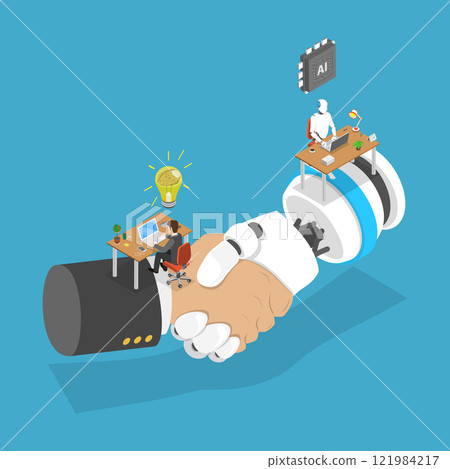 3D Isometric Flat Vector Illustration of Successful Human and AI Teamwork, Enhancing Work With Robot Assistance And AI Technology For Successful Results 121984217