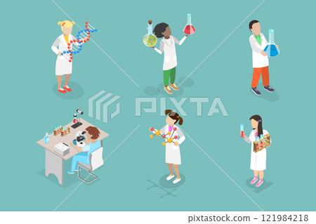 3D Isometric Flat Vector Illustration of Scientists Kids Characters, Young Scholars Exploring The World 121984218