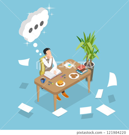 3D Isometric Flat Vector Illustration of Dreamy Author, Book Writing Process 121984220