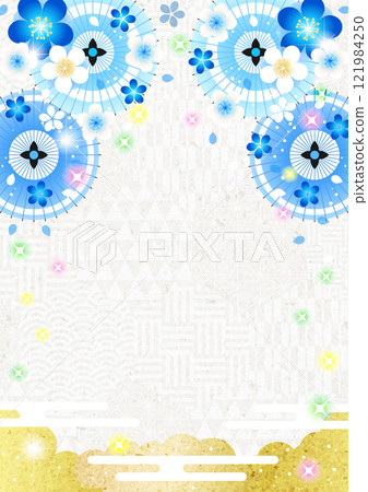 日本雨傘和梅花的日本背景,六邊形日本圖案,可愛,垂直,插圖,藍色,拱形 日本雨傘和梅花的日本背景,六邊形日本圖案,可愛,垂直,插圖,藍色,拱形 121984250