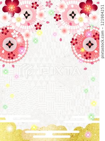 Japanese background with Japanese umbrella and plum blossom on hexagonal Japanese pattern, cute, vertical, illustration, pink, arch shape 121984251