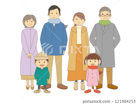 Illustration of a family of six in winter clothes facing forward_with main lines 121984253