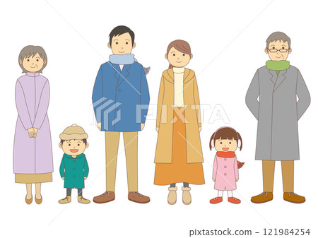 Set of illustrations of a family in winter clothes facing forward_with main lines Set of illustrations of a family in winter clothes facing forward_with main lines 121984254