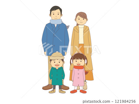 Illustration of a family of four in winter clothes facing forward_with main lines 121984256