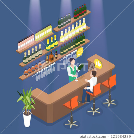 3D Isometric Flat Vector Illustration of Pub Bartender, Cocktail Serving 121984289