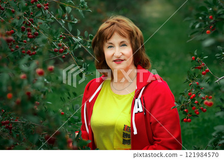 Senior lady is in the sour cherry orchard with ripe berries. 121984570