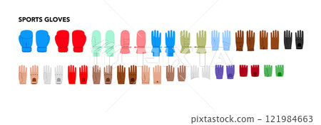 Set of Sport Gloves Fashion with names hand accessory clothing technical illustration garment. Vector for Men, women, 121984663