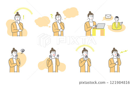 一位女士詢問的一系列面部表情 一位女士詢問的一系列面部表情 121984816